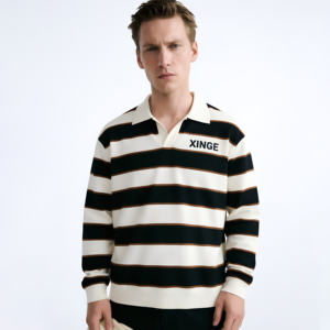 Pull en tricot pour homme avec logo personnalisé, fabricant de vêtements de mode, pull en tricot à col polo rayé noir et blanc, manches longues, hiver - Product Image 1