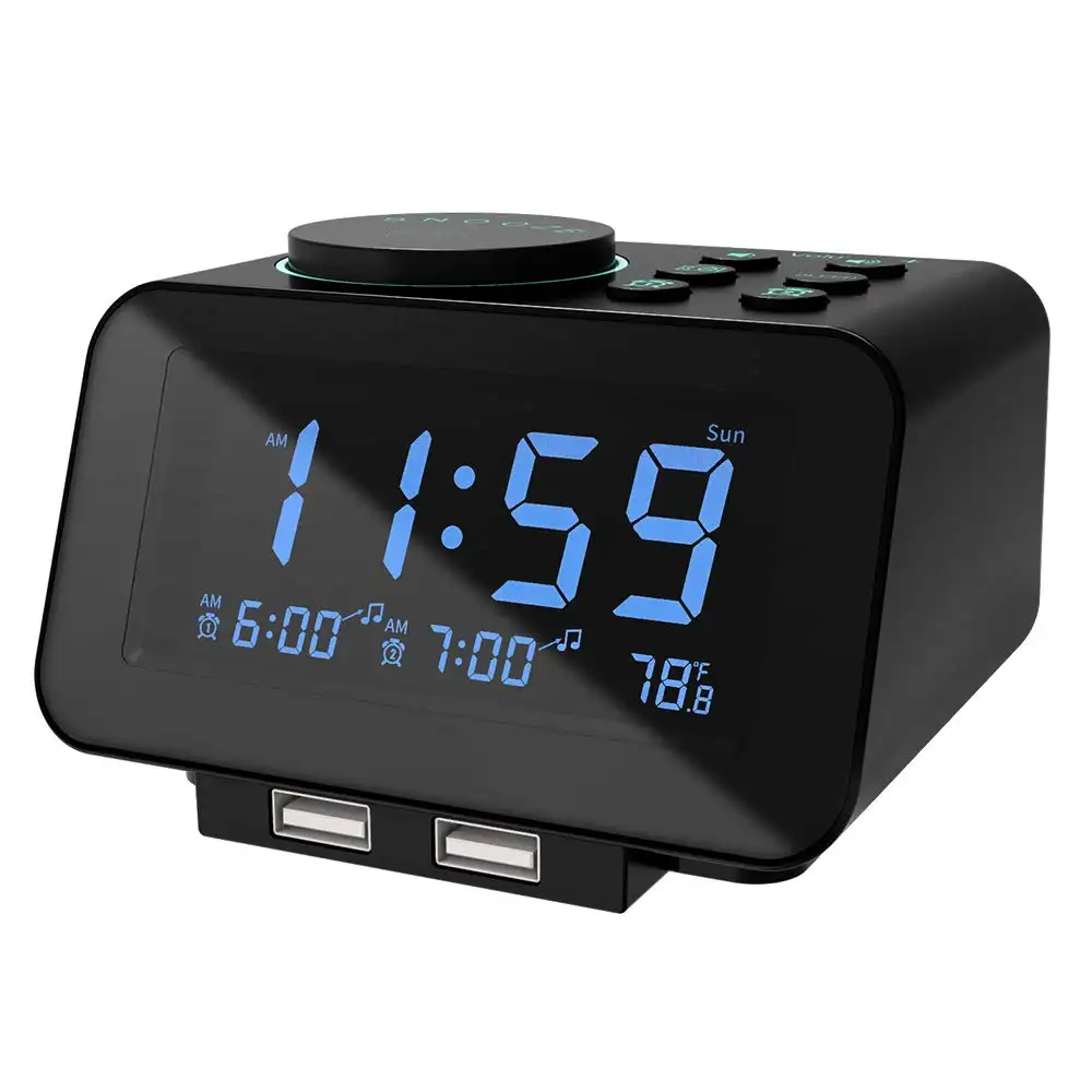 2 USB Charging Ports Dual Alarm Clock Radio FM Radio Clock with Battery Backup Sleep Time, Snooze for Bedroom