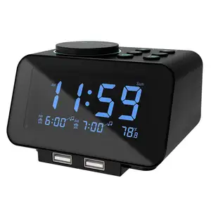 2 Port Pengisian Daya USB Jam Alarm Ganda Radio FM Jam Radio dengan Baterai Cadangan Waktu Tidur, Menunda untuk Kamar Tidur