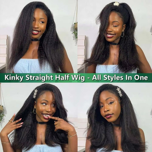 Demi-perruque 3-en-1 en <span class=keywords><strong>cheveux</strong></span> humains, texture Kinky Straight, densité 200%, avec cordon de serrage, sans colle, extensions à clips sans couture pour femme, aspect naturel - Product Image 5