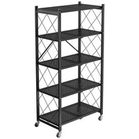 Modern ijzeren 5-laags opvouwbaar opbergrek met verstelbare metalen planken en wielen voor keuken, voorraadkast of kantoor