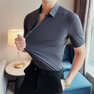 Camicia da uomo a maniche corte con grande elastico Slim Fit da lavoro Casual per maglieria a pressione drappeggio Non stirante camicia in Nylon sottile - Product Image 5