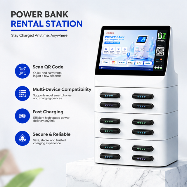 Commercial 12 Slot Shared Power Bank Rental Station with 10.1 Inch Touch Screen POS System Mobile Charging Kiosk