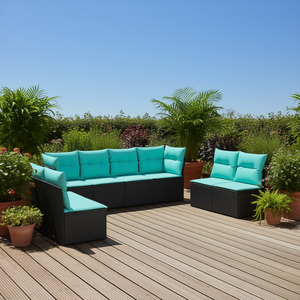 Set di divani da patio in rattan moderno con cuscini color verde acqua per sedute all'aperto, capacità 7 persone, design contemporaneo - Product Image 2