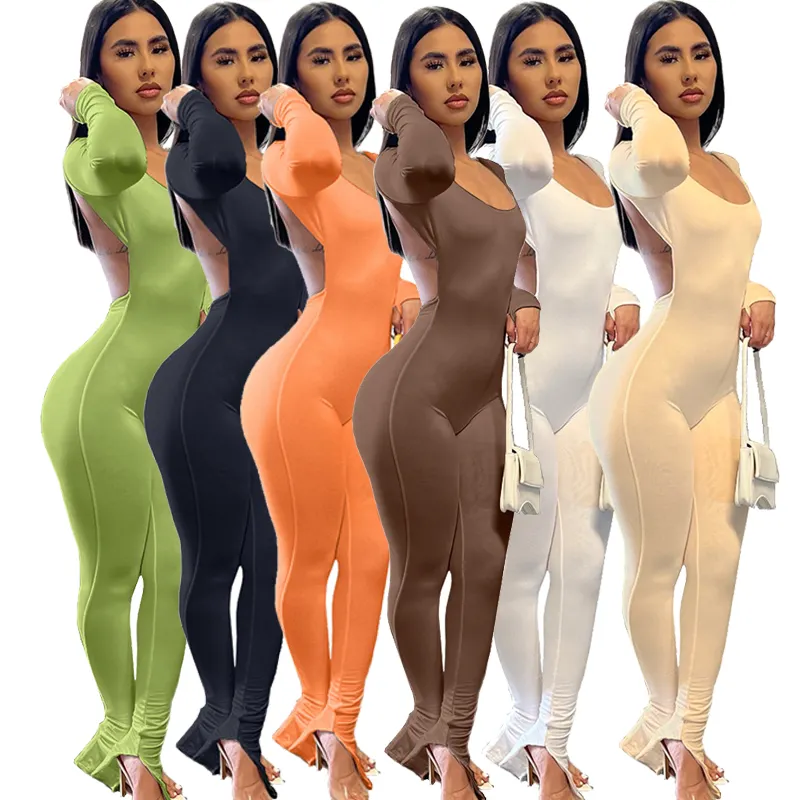 Long Sleeve 1 Piece Wide Leg Jumpsuits Ladies Backless Workout Outfit Sexy Hip Slim Bodysuit Jumpsuit For Women