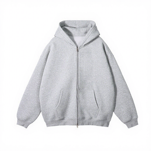 Men's Beige Hooded Zip-Up Sweatshirt Solid Color Fleece Casual Oversized Fit Pocket Design Autumn Wear - Product Image 3