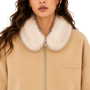 Chaqueta Bomber de Ante Sintético Beige para <span class=keywords><strong>Mujer</strong></span> con Logotipo Personalizado, Cuello y Dobladillo Desmontables de Piel Sintética de Zorro, Cierre de Cremallera, Estilo Holgado y Corto, Abrigo de Invierno - Product Image 5