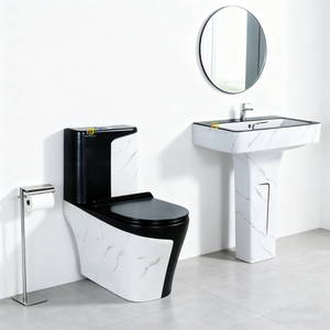 Set Moderno per <span class=keywords><strong>Bagno</strong></span> con WC in Porcellana e Lavabo su Colonna, Set Completo in Ceramica Effetto Marmo Nero - Product Image 2