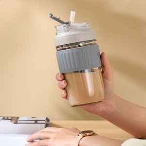 Vaso de vidrio de borosilicato de doble pared de 16 oz, taza de café de acero inoxidable a la moda con tapa y pajita, infusor de té de viaje, producto estrella - Product Image 1