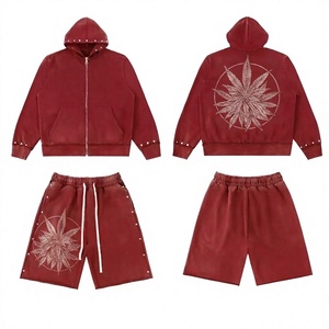 Survêtement homme personnalisé à manches longues avec capuche zippée et short assorti, style streetwear unisexe, avec strass, pour le jogging. - Product Image 1
