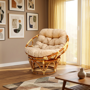 Silla Papasan de Ratán con Cojín Beige, Estilo Tropical, Silla de Salón para Sala de Estar, Muebles de Exterior, Asiento Cómodo - Product Image 4