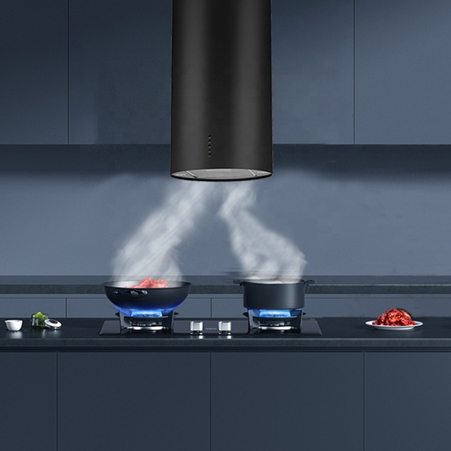 Big Suction Black Round Ceiling Island Smart Range Hood Round Ceiling Hood Column Cooking Kitchen Hood with Aluminum Filters