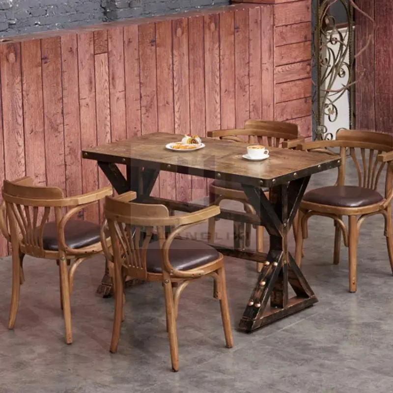 Vintage retro Catering restaurant furniture set Coffee Shop Wooden outdoor fast food Restaurant Cafe Table And Chairs set