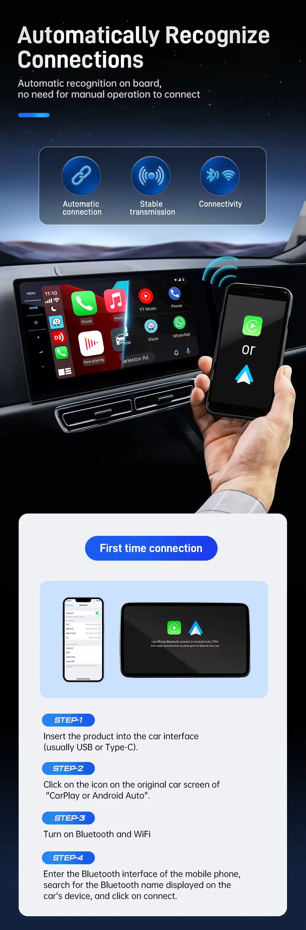 Universal Car Wireless Smart Ai Box CarPlay Adapter USB Dongle for Iphone Apple and Android Auto