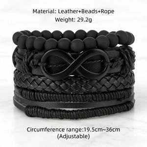 Pulseras de Cuero PU con Cuentas Negras Vintage Unisex para Hombre y Mujer, Pulsera de Moda con Triángulo Hueco Multicapa, Joyería Tribal - Product Image 6