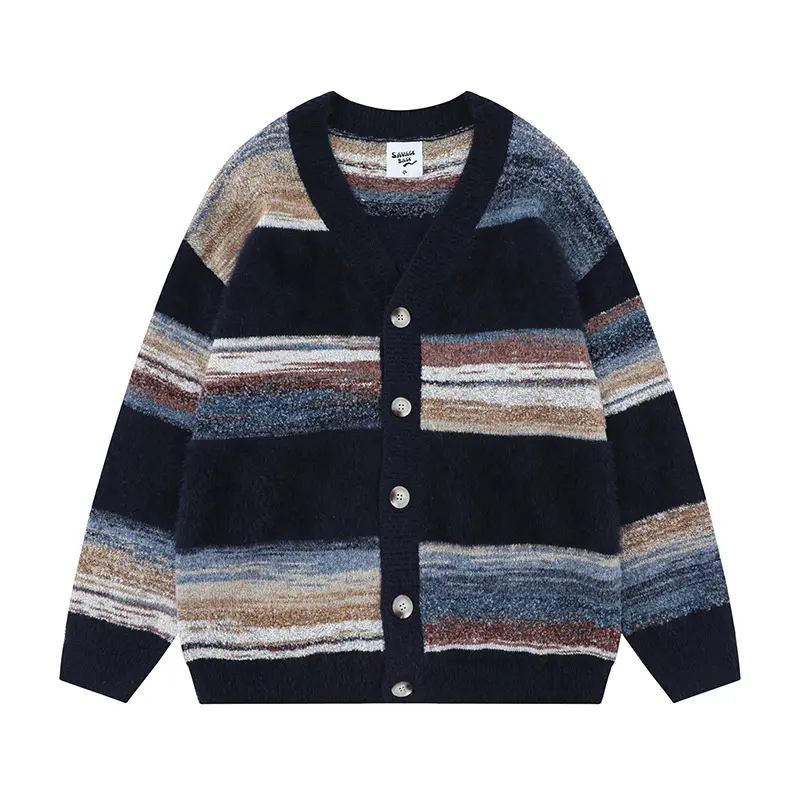 Ancien arc-en-ciel style peinture à l'huile pull rayé dégradé streetwear cardigan tricoté à manches longues pour couple Veste pull