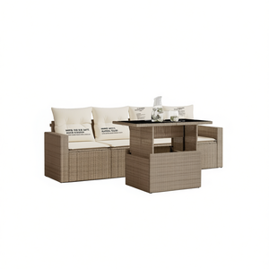 Ensemble de canapés de jardin en rotin beige avec coussins en mousse haute densité, mobilier d'extérieur au design contemporain, résistant à l'eau et aux UV - Product Image 1