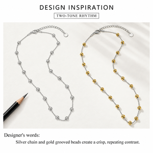 Two Tone Textured <b>Bead</b> Necklace Stainless Steel <b>Silver</b> Chain 18K Gold Vacuum Plated Grooved <b>Beads</b> - Product Image 3
