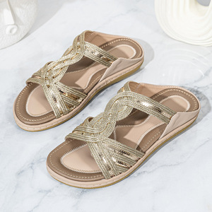 Black PU Wedge Sandals <b>Open</b> <b>Toe</b> Slip-On Mid <b>Heel</b> Comfort Summer Shoes Breathable Light Weight Anti-Slip Buckle Decoration - Product Image 1