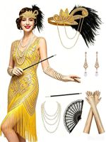 Ensemble d'accessoires Great Gatsby Flapper Fringe 4 pièces : Bandeau à plumes, Gants, Collier de perles, Boucles d'oreilles pour Costume de Cosplay d'Halloween