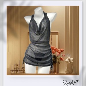 Silver <b>Glitter</b> <b>Mesh</b> Halter Bodycon <b>Dress</b> Sheer Layer Translucent Club <b>Dress</b> Adult Size Natural Waistline - Product Image 4