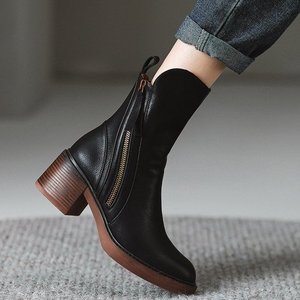 Botas cortas marrones británicas para mujer, cremallera lateral, <span class=keywords><strong>plataforma</strong></span> de tacón alto, aumento de tobillo, punta redonda Retro, moda transpirable grande de invierno - Product Image 3