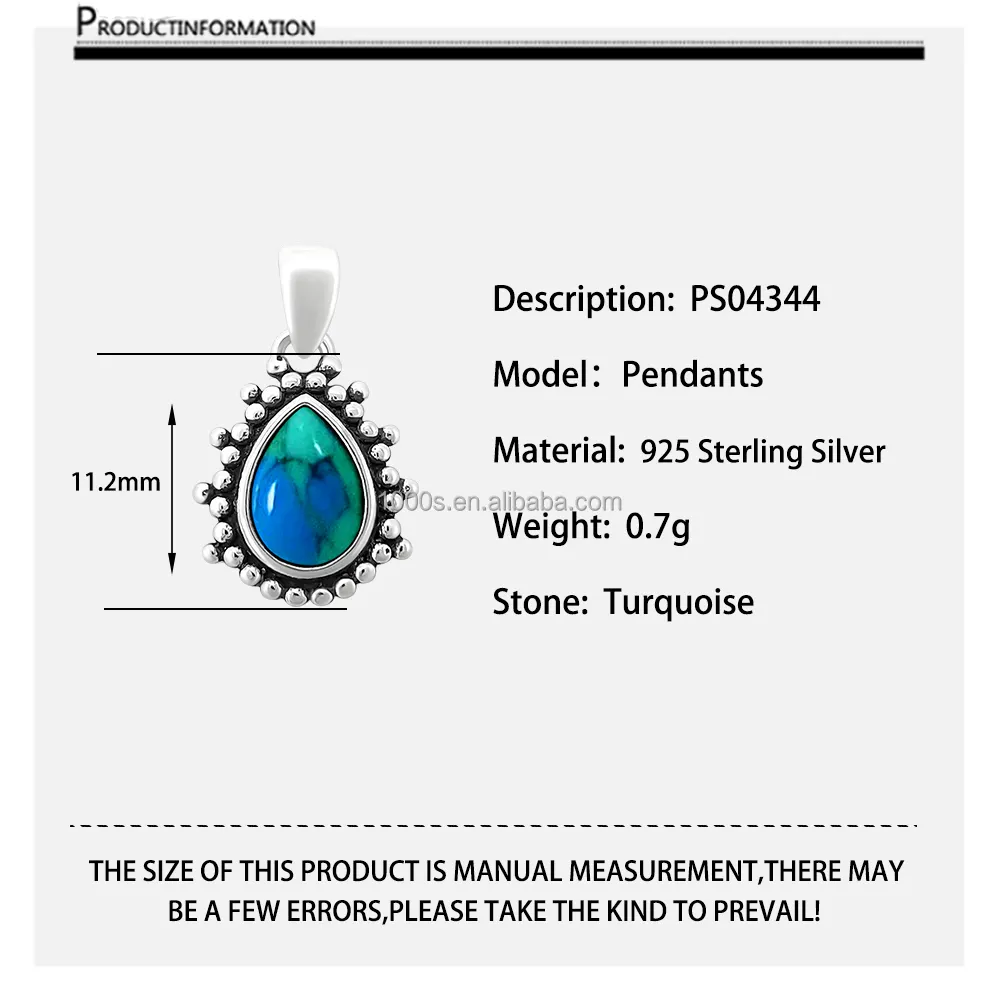 925 Sterling Silver Antique Style Natural Turquoise Pendant Silver Designer Pear Shape jewelry pendant