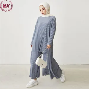 Túnica musulmana informal de Color sólido para mujer, conjunto de pantalón, blusa, ropa islámica, Tops plisados holgados, Muslim2022