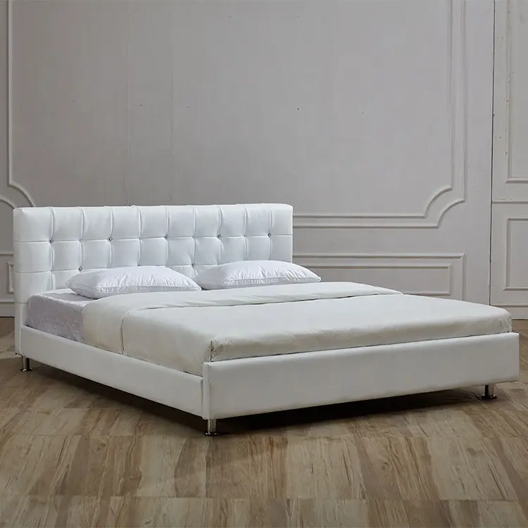 Leather King Bed White with Crystal Headboard Newest Design Modern Cheap Luxury Home Furniture Bedroom Furniture Soft Bed 6 Sets