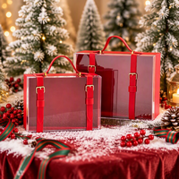 Luxuriöse Rote Geschenkbox aus Karton mit PU-Griff aus Recyclingmaterialien Tragbare Transparente Verpackung für Weihnachten Hochzeit Feiertage Geschenke