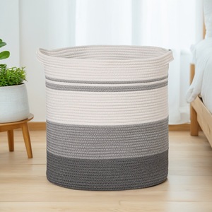 Cotton Rope Storage Basket Round White And Gray Tricolor <b>Laundry</b> Organizer For Bedroom Entryway Closet Storage - Product Image 1