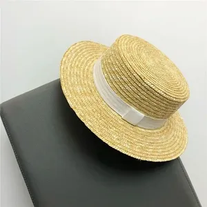Alta calidad de moda plana superior Jazz Boater sombrero mujeres ala ancha trigo Tailandia cubano paja visera sombrero proveedor con cinta - Product Image 3