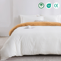 Offre Spéciale – Parure de Lit Moderne Imprimée 4 Pièces en Polyester 100% 125 g/m² Blanc Caramel Seersucker Motif Feuille Double Face (AB)