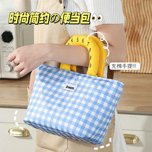 Bolsa de almuerzo con aislamiento, portátil, de aluminio grueso, impermeable, para estudiantes, trabajadores de oficina, a cuadros azules, a cuadros naranjas - Product Image 5