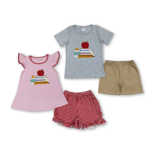 Back to School Kids Toddler Girl Boy <b>Clothes</b> Letter Apple Print Short Sleeve Tops with Plaid Shorts 2pcs Summer Clothing Sets - Product Image 6