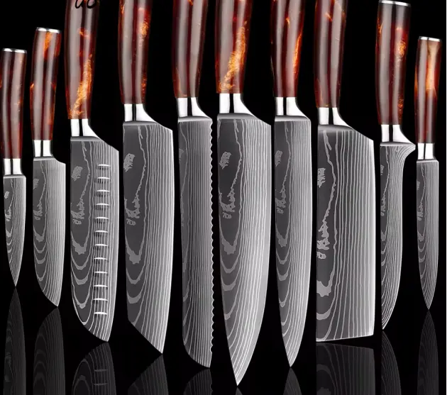 Couteaux modernes de chef japonais 67 couches Damas Steak Santok Ensemble de couteaux de cuisine personnalisés 10 pièces en bois tranchant allemand en acier inoxydable