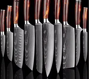 سكاكين مطبخ حديثة يابانية 67 طبقة لقطع اللحم الدمشقية سانتوك طقم سكاكين مطبخ مخصص 10 قطع من الخشب الحاد والفولاذ المقاوم للصدأ الألماني