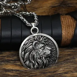 Viking Necklace Men's Personalized Necklace Embossed Lion Head Men's Medallion Wild Lion Animal Men's Necklace