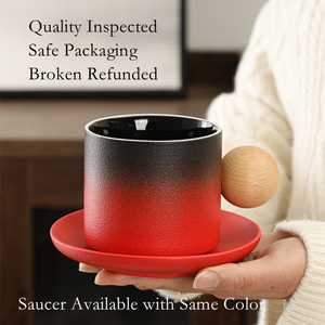 New Cute Round Wooden Handle Matte White Black Ceramic <strong>Coffee</strong> <strong>Mug</strong> with Saucer Coaster Custom Logo - Product Image 4