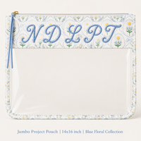 Pochette de rangement pour projets de broderie Jumbo 14x16 avec motif floral bleu marguerite, pour le rangement de fournitures de broderie de luxe cousues à la main et imperméables