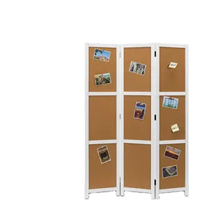 Portable Folding Room Dividers Wooden Screen 3 Panels Cork Board Inlay Memo Function