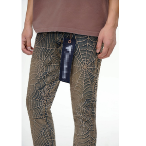 Jeans de Hombre de <span class=keywords><strong>Moda</strong></span> Urbana, Estilo Y2K Vintage, Lavado Bronceado, Decoración con Patrón de Telaraña, Corte Acampanado, Personalizados y de Alta Calidad - Product Image 1