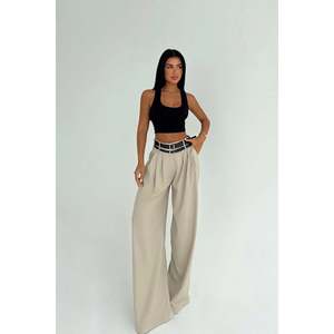 Pantalones de Pierna Ancha con Doble Cinturón Cream Lumia, Leggings Transpirables Tejidos con Estampado de Cintura Alta, Tallas XS a XL para la Temporada de Otoño - Product Image 1