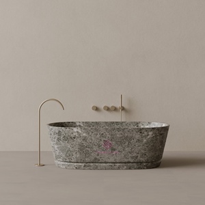 Designer <strong>LIGHT</strong> EMPERADOR Oval Stone <strong>Bathtub</strong> with Intricate Carved Linear Accents and Smooth Surface <strong>for</strong> a Luxurious Bathroom - Product Image 2