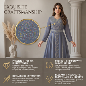 Robe de cérémonie musulmane de style premium gris-bleu en mousseline thermocollée à manches longues avec ceinture pour une présentation élégante en boutique - Product Image 3