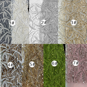 Tessuto in Pizzo Africano di Lusso, <span class=keywords><strong>Tulle</strong></span> <span class=keywords><strong>Bianco</strong></span> con Perline e Paillettes, Tessuto in Pizzo Ricamato per Abiti da Sposa e da Sera - Product Image 6