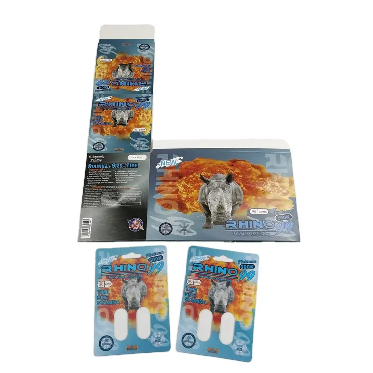 Rhino Custom Maeng Da Poeder Blisterverpakking Penis Vertraging Erectie Uitbreiding Pillen 3d Kaart Pillen Kaarten Verpakking Display Box