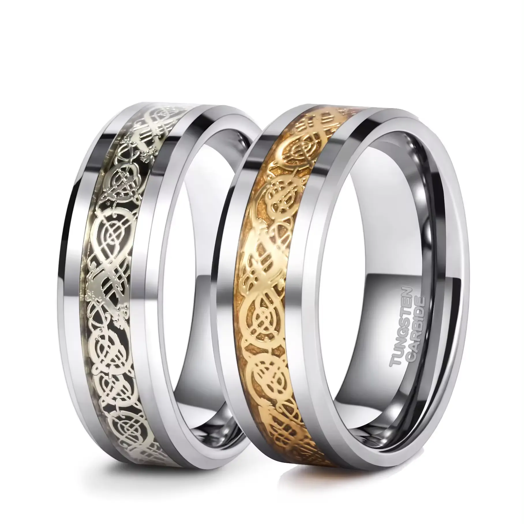 シルバー/ゴールドカラータングステンカーバイドリングメンズケルトドラゴンインレイ女性結婚指輪タングステンリングファッションジュエリー
