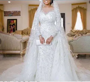 2024 Custom Made Sparkly African Luxury Beaded Lace Appliques Long sleeve Plus Size Mermaid Wedding Dress with Detachable train