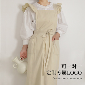Solid Color Cotton Apron With Ruffle Shoulder Straps For Cooking And Daily Use Creamy Pink - Product Image 3
